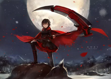 Anime-style RWBY character in dark red attire stands confidently with a large scythe under a full moon, set against a night sky, designed as an HD PC desktop wallpaper.