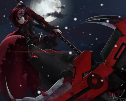 A dramatic HD anime wallpaper featuring a RWBY character wielding a large scythe against a snowy night backdrop, evoking a sense of mystery and adventure.