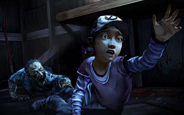 HD PC desktop wallpaper from the video game The Walking Dead: Season 2, featuring a character reaching out in a tense moment with a zombie crawling behind.