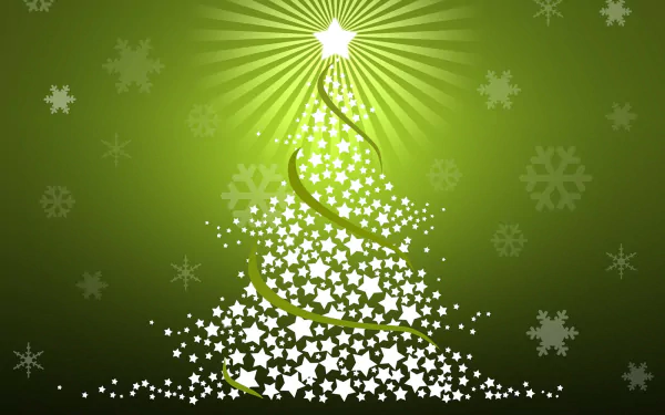 HD PC desktop wallpaper featuring a stylized Christmas tree made of stars with a glowing star on top, set against a green background with snowflakes for the holiday season.