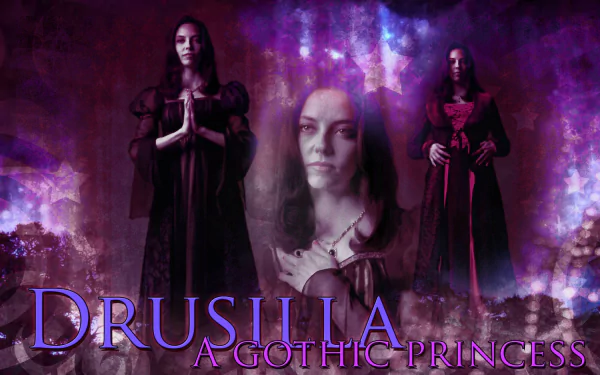 HD desktop wallpaper featuring Drusilla, the gothic princess from the TV show Buffy the Vampire Slayer, set against a dark, mystical purple background.