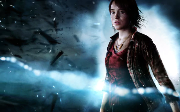 HD PC desktop wallpaper featuring a character from the video game Beyond: Two Souls, set against a dark, atmospheric background with glowing light effects.