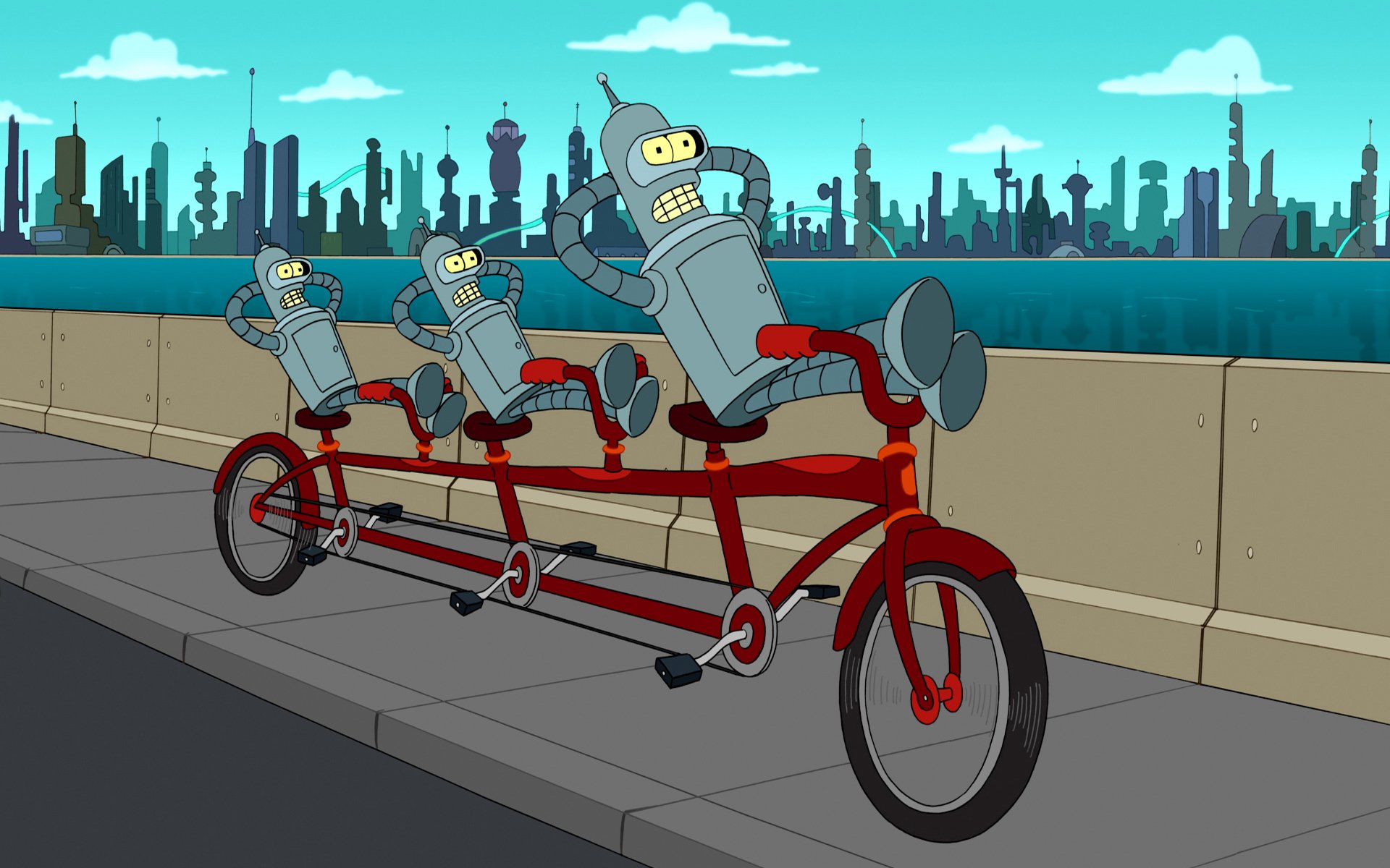 HD PC desktop wallpaper featuring Bender from the TV show Futurama riding a multi-seat tandem bike against a futuristic city skyline.