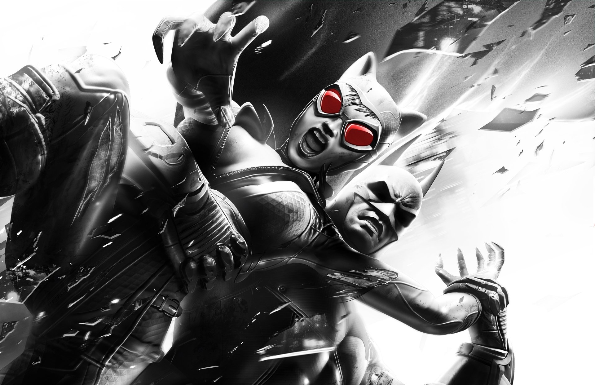 4K Ultra HD wallpaper from the video game Batman: Arkham City featuring Batman engaged in a dynamic combat scene with an adversary wearing red goggles.