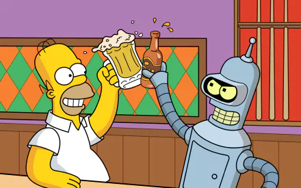 Homer Simpson and Bender from Futurama share a toast in a bar setting, featured in an HD PC desktop wallpaper of popular TV show characters.