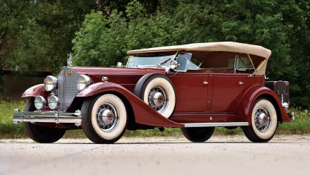 Classic maroon Packard vehicle with beige convertible top, set against a green leafy background, captured in high-definition for a PC desktop wallpaper.