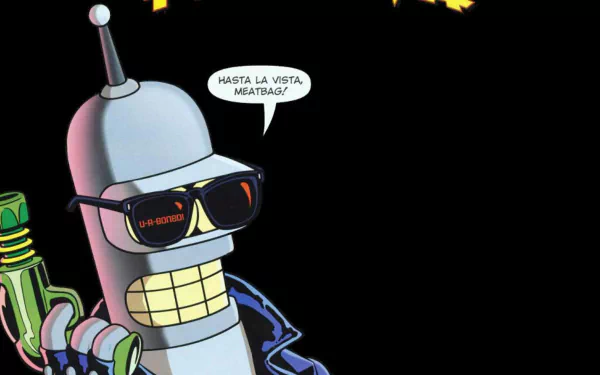 HD PC desktop wallpaper featuring Bender from the TV show Futurama wearing sunglasses and a leather jacket, saying Hasta la vista, meatbag!