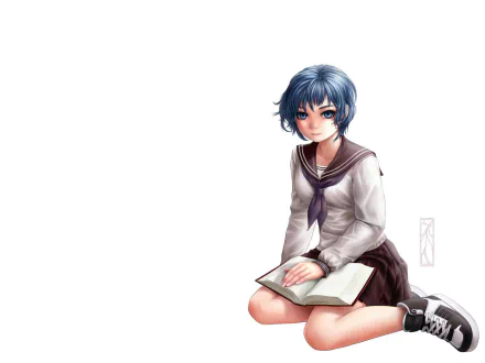 HD anime desktop wallpaper featuring a blue-haired anime girl in a school uniform, sitting and holding an open book against a white background.