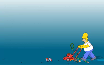 Homer Simpson from The Simpsons mowing the lawn in a colorful HD PC desktop wallpaper and background.
