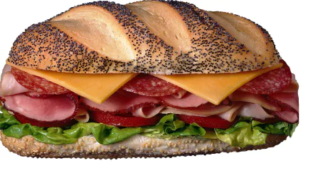 A delicious sandwich stacked with layers of deli meats, cheese, and fresh lettuce, presented as a high-definition PC desktop wallpaper and background.