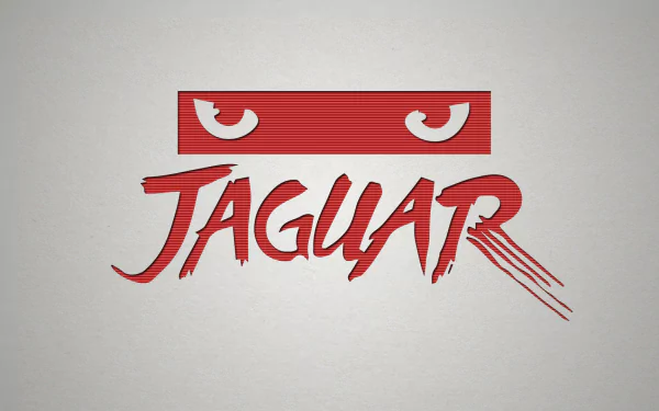 HD PC desktop wallpaper: red stylized JAGUAR logo with narrow cat-eye slits above, Atari Jaguar video game branding on a pale textured background.