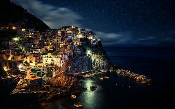 Man Made Manarola Towns Italy Ocean Night Cinque Terre HD Wallpaper | Background Image