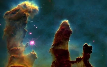 HD PC desktop wallpaper: sci-fi Pillars of Creation nebula — towering gas pillars and glowing stars set against a teal cosmic backdrop.
