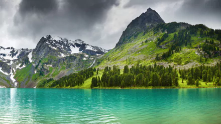 HD wallpaper featuring a vibrant lake with turquoise waters, bordered by lush greenery and towering snow-capped mountains under a cloudy sky.