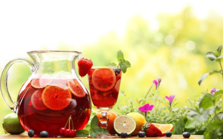HD desktop wallpaper featuring a pitcher and glass of fruit-infused juice surrounded by fresh fruits and vibrant flowers in a bright outdoor setting.