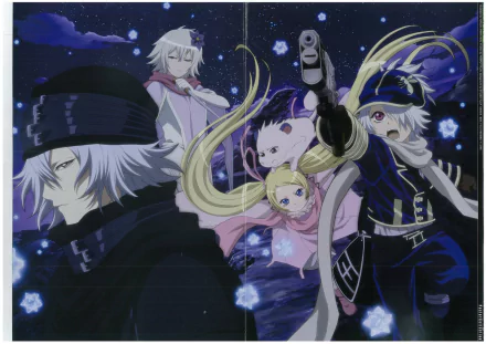 An HD wallpaper featuring characters from the anime Letter Bee, showcasing a dramatic scene with action elements and a starry background, embodying themes of adventure and camaraderie.