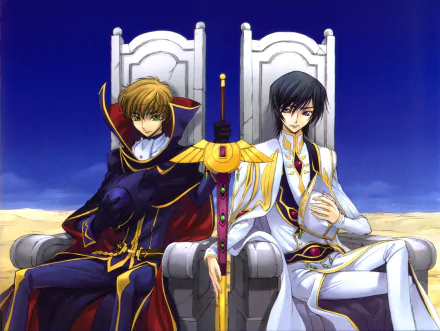 HD desktop wallpaper featuring Suzaku Kururugi and Lelouch Lamperouge from Code Geass, seated on thrones under a clear sky.