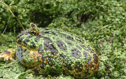 HD desktop wallpaper featuring a close-up of a textured toad blending into a mossy green environment.