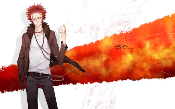 HD PC desktop wallpaper featuring Mikoto Suoh from the anime and manga K Project, with fiery red and orange tones symbolizing his power.
