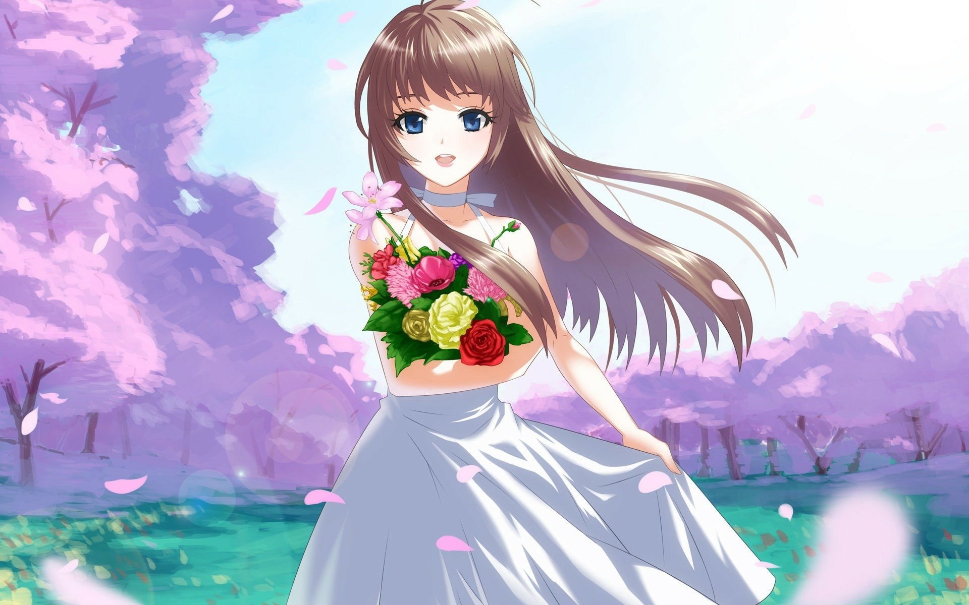 A vibrant anime character with long brown hair stands gracefully in a blooming cherry blossom field, holding a bouquet of colorful flowers. This HD image serves as a captivating desktop wallpaper.