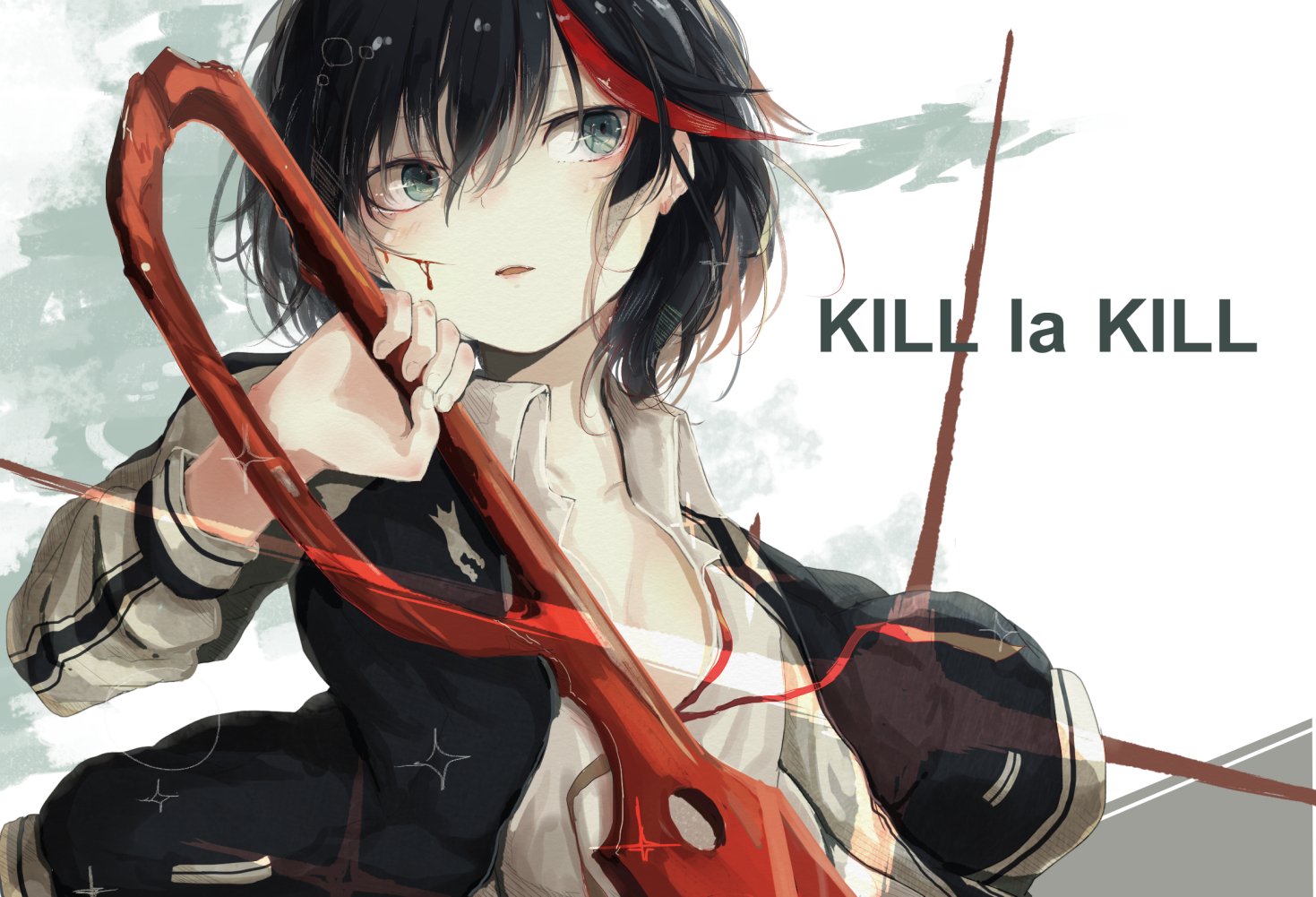 women, angry, hair in face, open mouth, face, anime, Kill la Kill, Matoi  Ryuuko, red background, anime girls, closeup