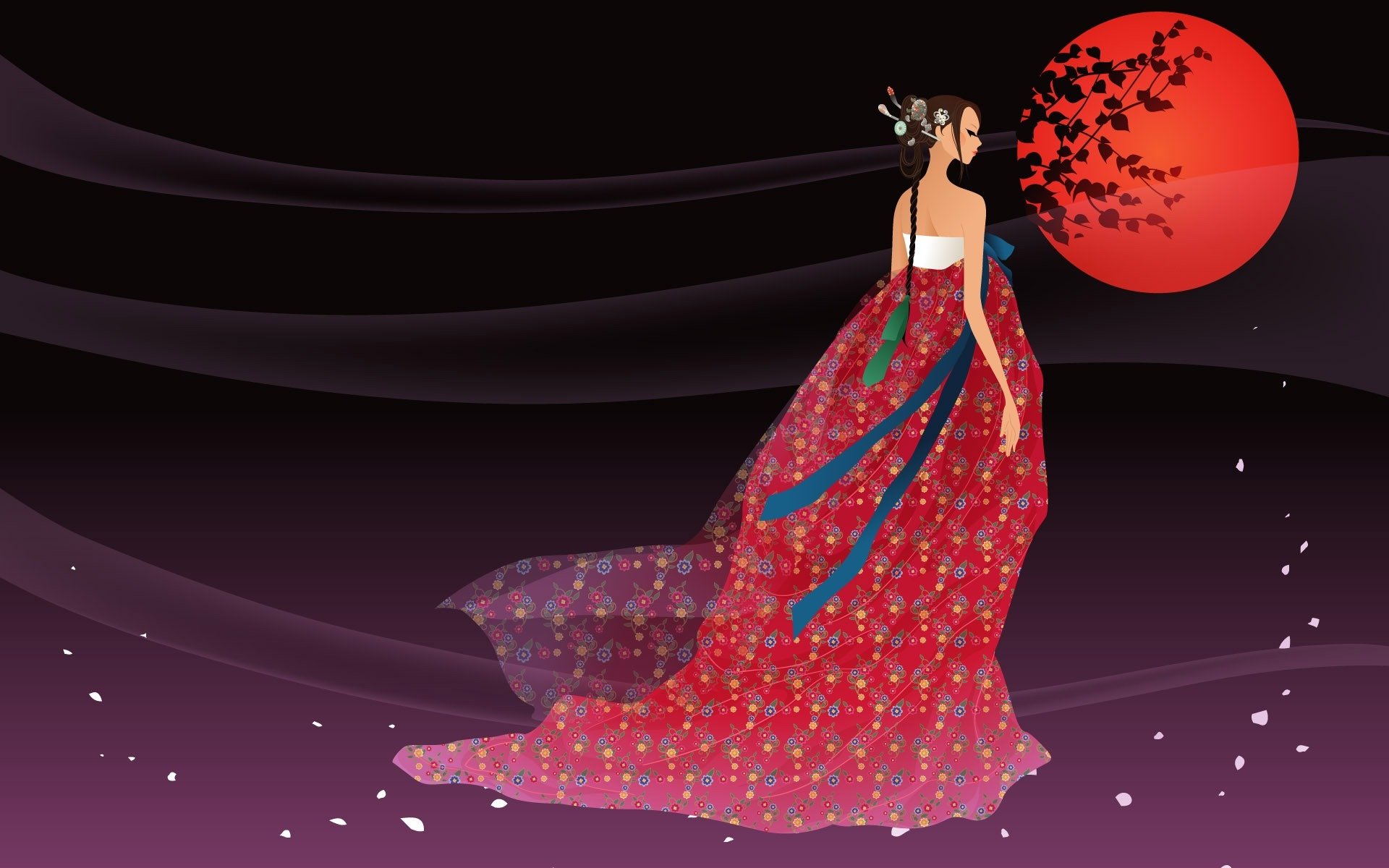 Artistic HD PC desktop wallpaper background depicting a woman in a flowing traditional Korean hanbok before a red moon, cherry blossoms drifting across a dark, star-speckled sky.