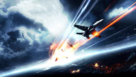 A thrilling scene from Battlefield 4, featuring jet fighters engaged in an intense dogfight, with dramatic explosions and dynamic lighting against a stormy backdrop.