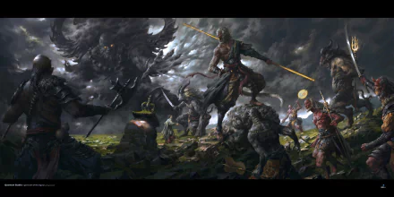 HD desktop wallpaper depicting a dramatic fantasy battle scene with warriors and mythical creatures under a stormy sky.