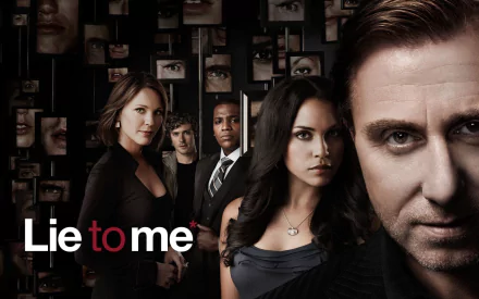 HD PC desktop wallpaper and background featuring model-style portraits of the TV show Lie to Me cast against a dark collage of close-up eyes and faces.