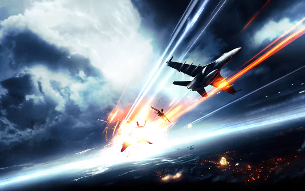 A thrilling scene from Battlefield 4, featuring jet fighters engaged in an intense dogfight, with dramatic explosions and dynamic lighting against a stormy backdrop.