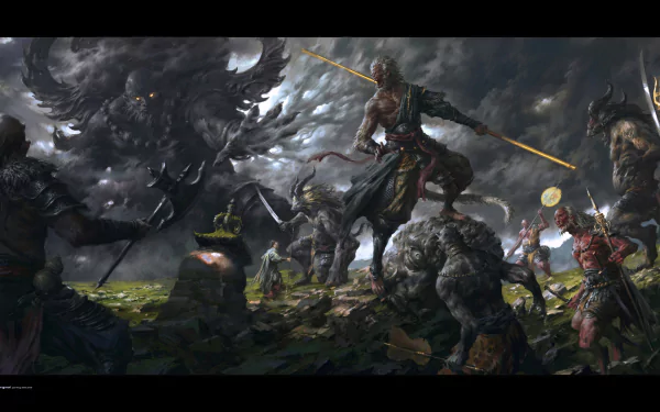 HD desktop wallpaper depicting a dramatic fantasy battle scene with warriors and mythical creatures under a stormy sky.