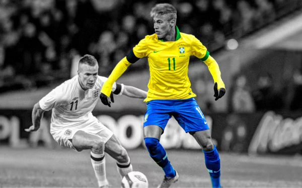 A dynamic HD wallpaper showcasing Neymar in the vibrant yellow and blue of Brazil's national team, evading an opponent on the field in a dramatic sports moment.