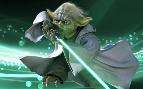 HD desktop wallpaper of Star Wars character Yoda wielding a green lightsaber with a dynamic green backdrop.