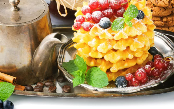 HD PC desktop wallpaper featuring a stack of golden waffles topped with berries and mint, served on a silver tray alongside coffee beans and a teapot.