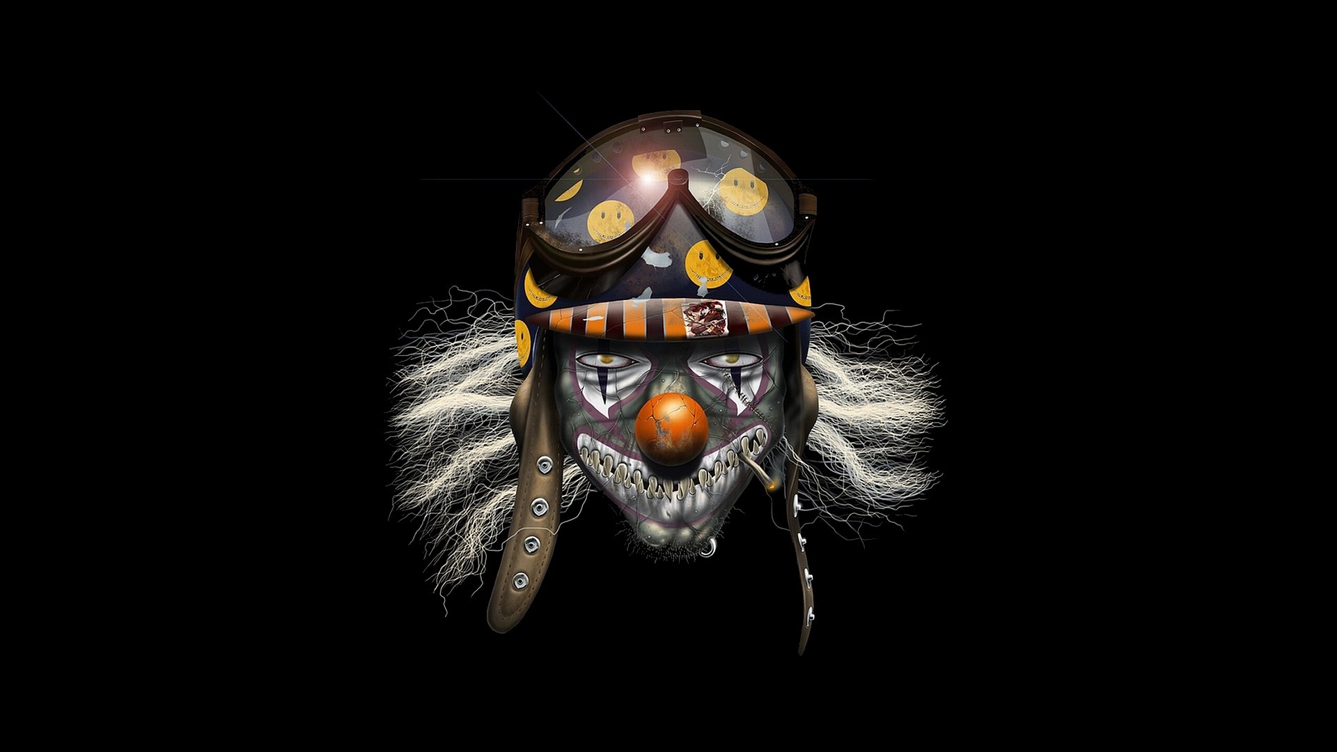 A dark clown with a skull-like face and wild hair, wearing a pilot's helmet adorned with smiling buttons, creates a striking HD desktop wallpaper and background.
