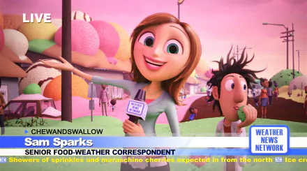 Sam Sparks reports live as a food-weather correspondent in a vibrant scene from Cloudy with a Chance of Meatballs, featuring Flint Lockwood and a whimsical landscape of candy.