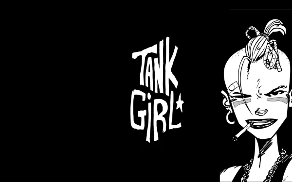 HD comic-style desktop wallpaper featuring a bold black-and-white illustration of Tank Girl with her name in striking text on a black background.