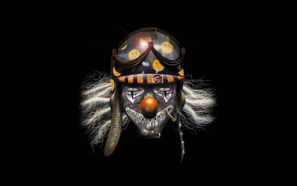 A dark clown with a skull-like face and wild hair, wearing a pilot's helmet adorned with smiling buttons, creates a striking HD desktop wallpaper and background.