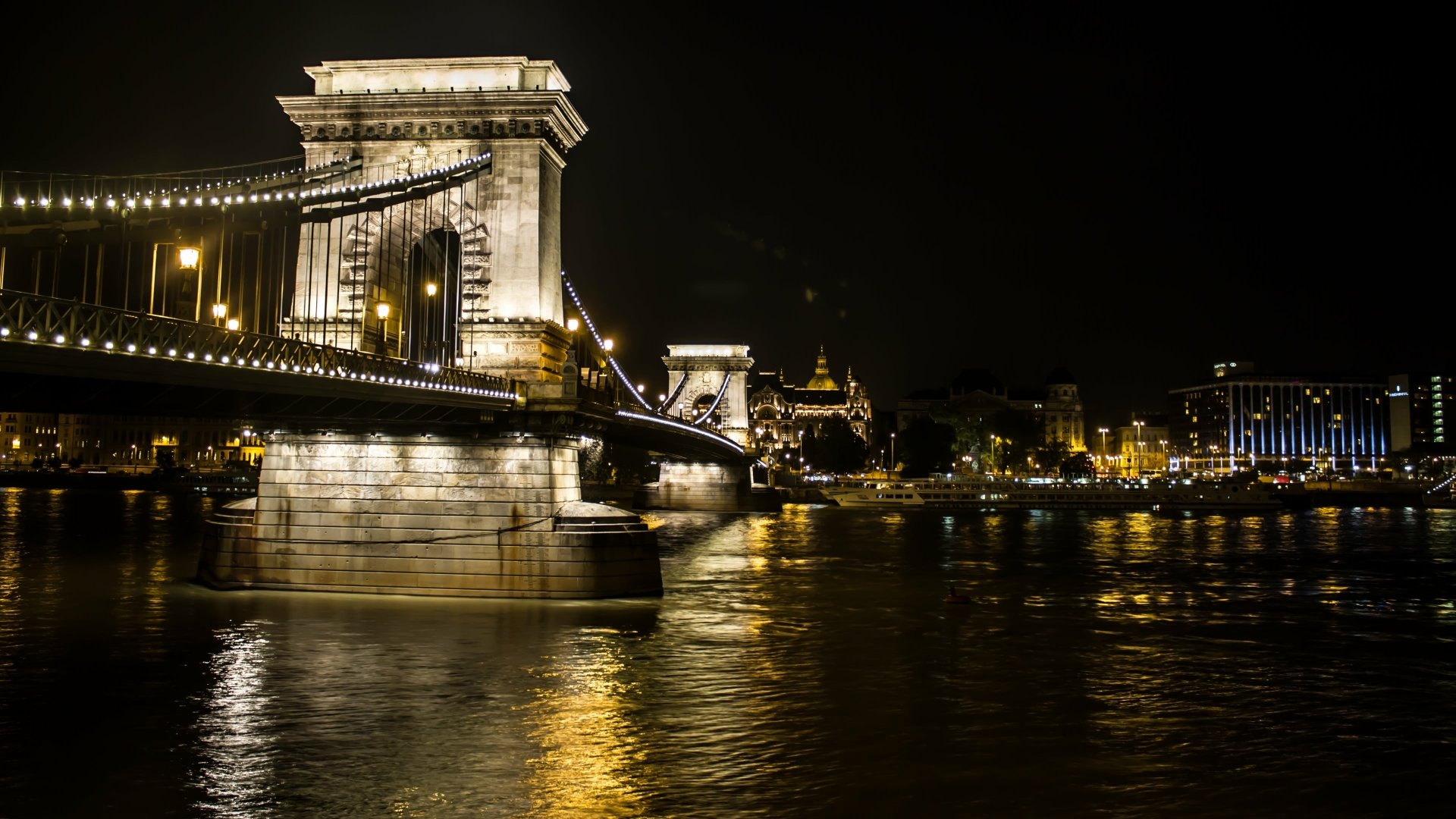 Download Hungary Danube Budapest City Light Night Bridge Man Made Chain Bridge 4k Ultra HD Wallpaper