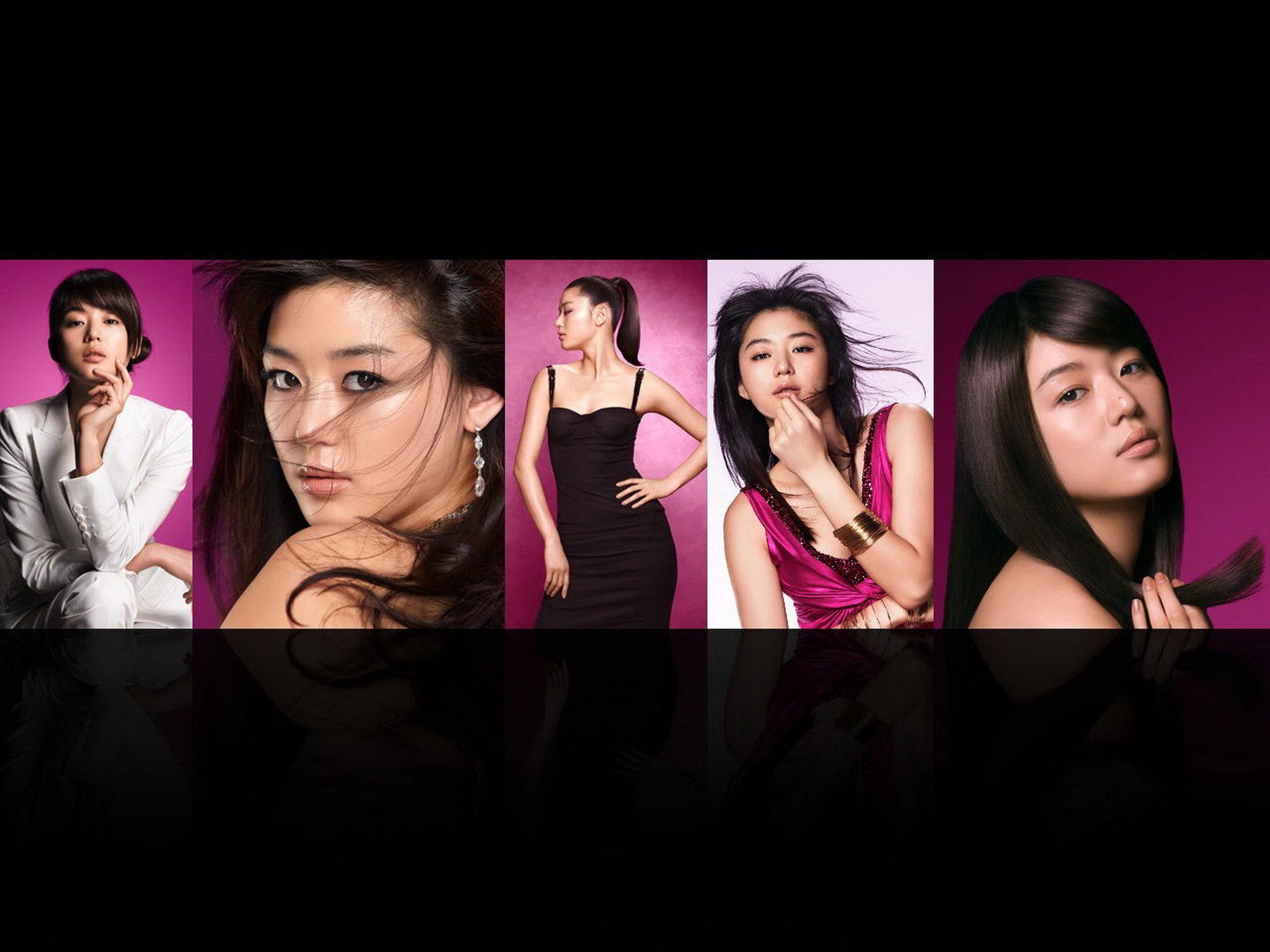 HD desktop wallpaper featuring five portraits of a Korean woman in various poses against a vibrant purple background.