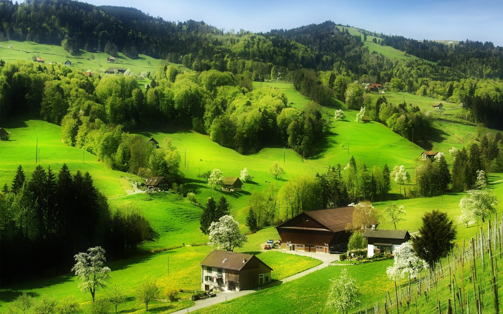 A vibrant landscape featuring rolling green hills, lush trees, and charming farmhouses, captured in stunning detail. This image serves as a captivating HD desktop wallpaper.