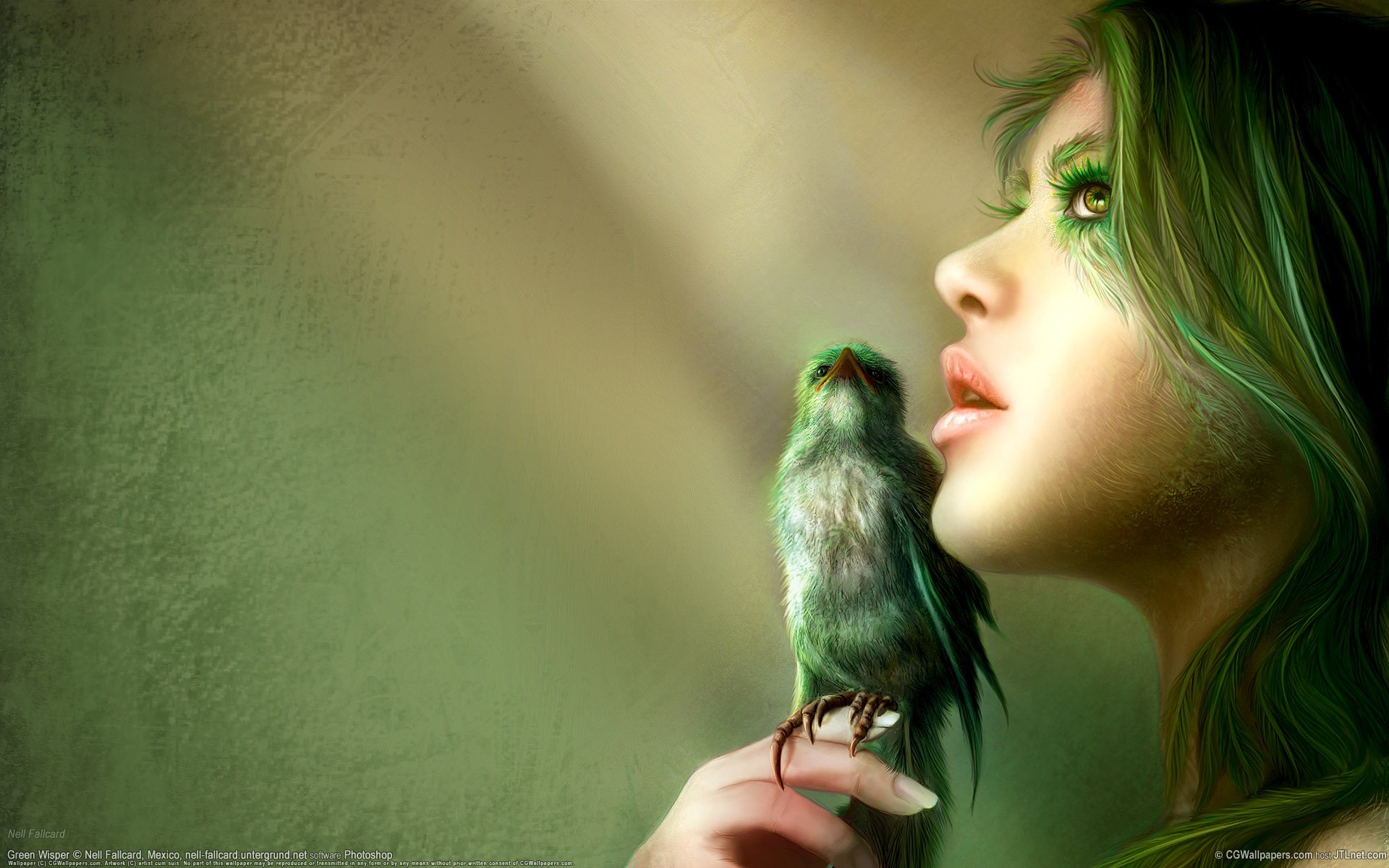 A captivating fantasy-themed HD desktop wallpaper featuring a woman with green hair gazing thoughtfully at a small bird perched on her finger, set against a soft, muted background.