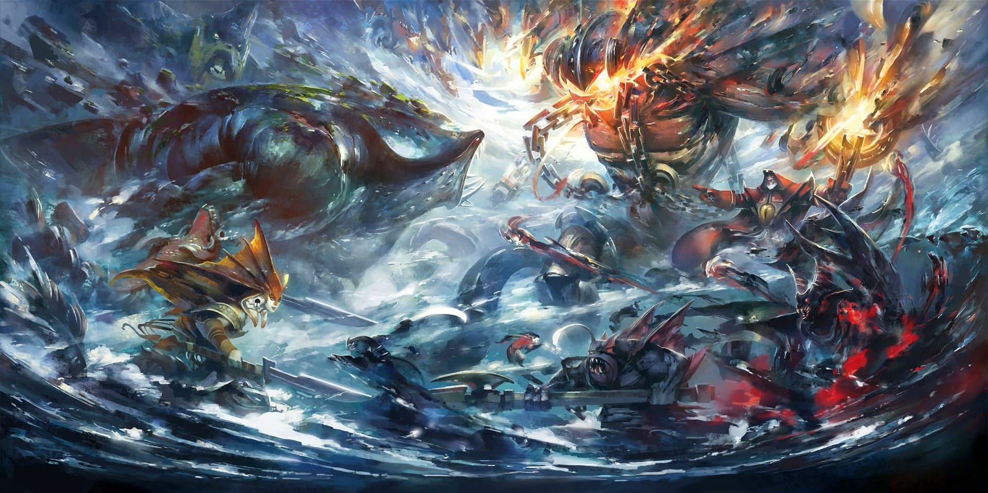 HD desktop wallpaper featuring an action-packed DotA 2 game scene with dynamic characters and intense battle effects.