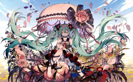HD desktop wallpaper featuring Vocaloid character Hatsune Miku surrounded by an elaborate floral arrangement, emphasizing her iconic aqua hair and detailed attire.
