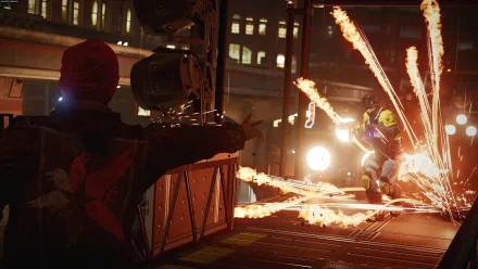 HD PC desktop wallpaper featuring an intense action scene from the video game inFAMOUS: Second Son, showcasing fiery combat in an urban nighttime setting.
