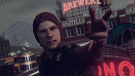 HD PC desktop wallpaper featuring Delsin Rowe from the video game inFAMOUS: Second Son with a neon-lit city background.