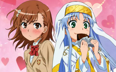 Two characters from the anime A Certain Magical Index stand against a pink heart-patterned background. The girl on the left looks annoyed, while the blue-haired girl on the right joyfully eats.