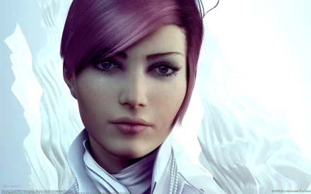 Artistic HD desktop wallpaper featuring a close-up portrait of a woman with vibrant purple hair and soft lighting against a light, abstract background.