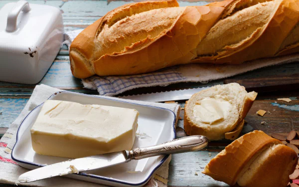 A delicious spread of butter on fresh bread, with a rustic setting featuring a loaf and a butter dish, creating a warm and inviting food-themed HD desktop wallpaper.