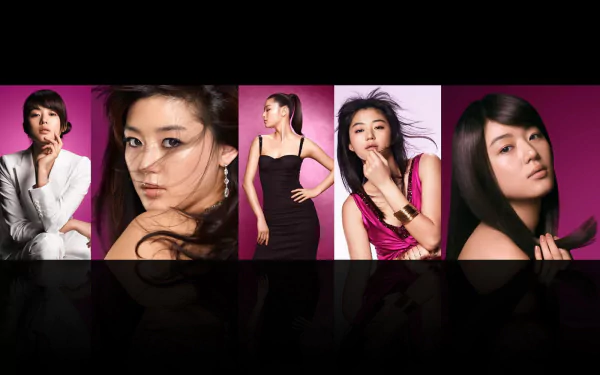 HD desktop wallpaper featuring five portraits of a Korean woman in various poses against a vibrant purple background.